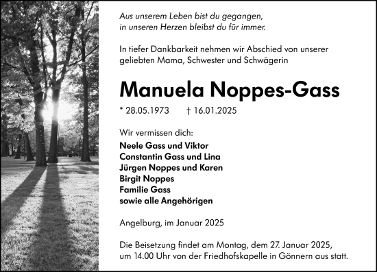Traueranzeige von Manuela Noppes-Gass von Hinterländer Anzeiger