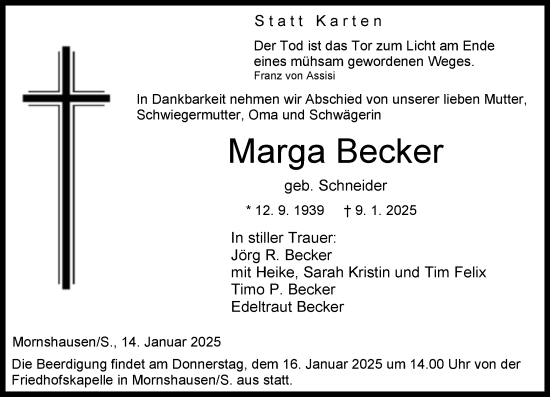 Traueranzeige von Marga Becker von Hinterländer Anzeiger