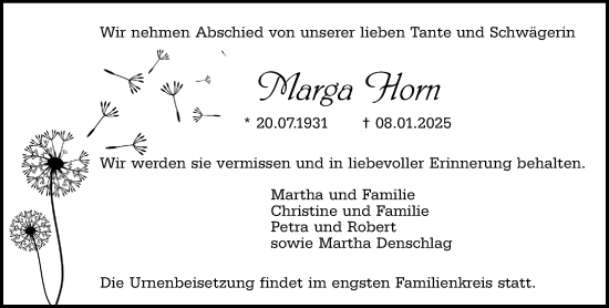 Traueranzeige von Marga Horn von Wormser Zeitung