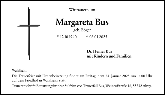 Traueranzeige von Margareta Bus von Allgemeine Zeitung Alzey