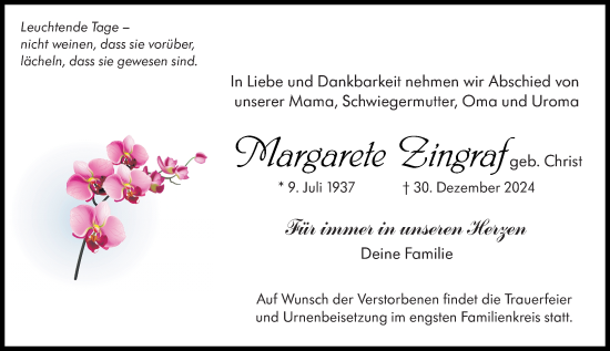 Traueranzeige von Margarete Zingraf von Camberger Anzeiger