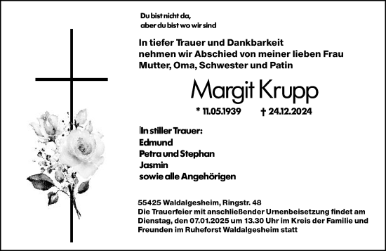 Traueranzeige von Margit Krupp von Allgemeine Zeitung Rheinhessen-Nahe