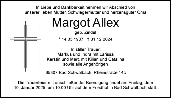 Traueranzeige von Margot Allex von Idsteiner Land/Untertaunus
