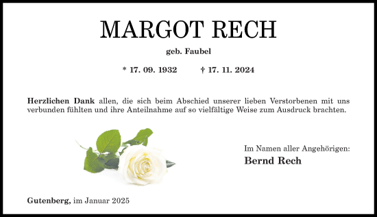 Traueranzeige von Margot Rech von Allgemeine Zeitung Rheinhessen-Nahe