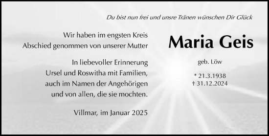 Traueranzeige von Maria Geis von Nassauische Neue Presse