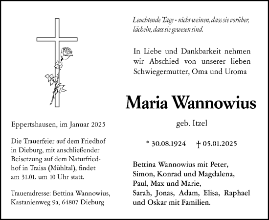 Traueranzeige von Maria Wannowius von Dieburger Anzeiger/Groß-Zimmerner Lokal-Anzeiger