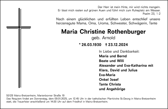 Traueranzeige von Maria Christine Rothenburger von Allgemeine Zeitung Rheinhessen-Nahe