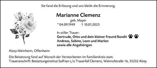 Traueranzeige von Marianne Clemenz von Allgemeine Zeitung Alzey