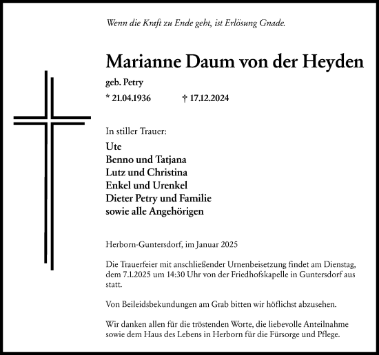 Traueranzeige von Marianne  Daum von der Heyden von Dill Block