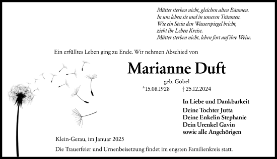 Traueranzeige von Marianne Duft von Groß-Gerauer Echo