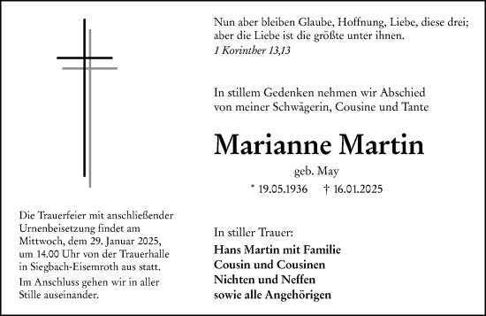 Traueranzeige von Marianne Martin von Dill Block