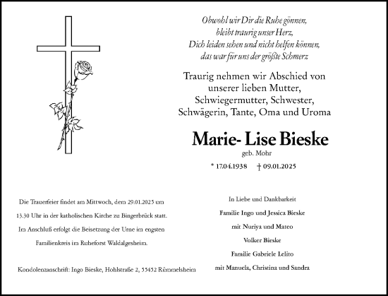 Traueranzeige von Marie-Lise Bieske von Binger-/Ingelheimer Wochenblatt