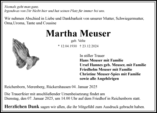 Traueranzeige von Martha Meuser von Weilburger Tageblatt