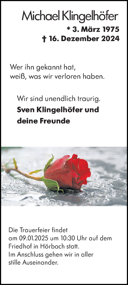 Traueranzeige von Michael Klingelhöfer von Dill Block