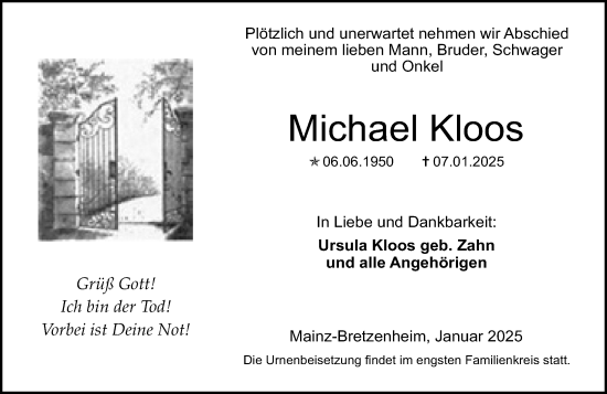 Traueranzeige von Michael Kloos von Allgemeine Zeitung Mainz