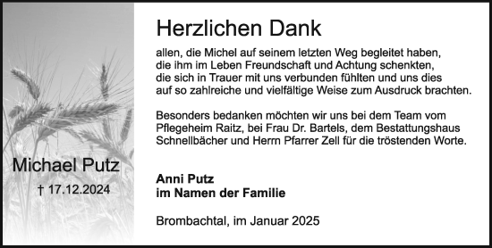 Traueranzeige von Michael Putz von Odenwälder Echo