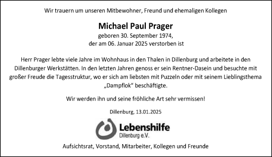 Traueranzeige von Michael Paul Prager von Dill Block