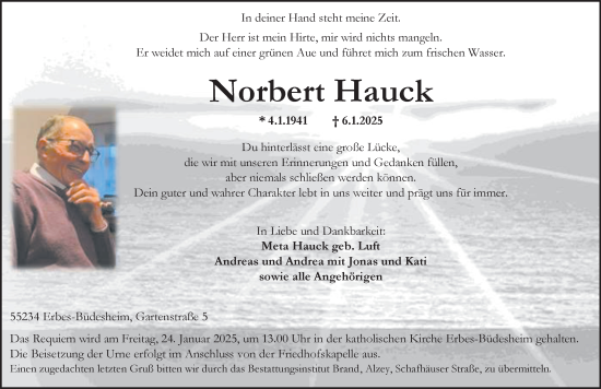 Traueranzeige von Norbert Hauck von Allgemeine Zeitung Alzey
