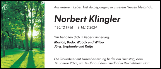 Traueranzeige von Norbert Klingler von Odenwälder Echo