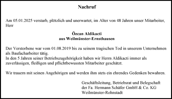 Traueranzeige von Özcan Aldikacti von Weilburger Tageblatt