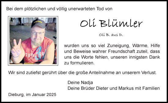 Traueranzeige von Oliver Blümler von Dieburger Anzeiger/Groß-Zimmerner Lokal-Anzeiger