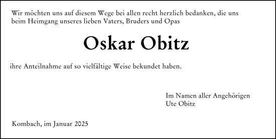 Traueranzeige von Oskar Obitz von Hinterländer Anzeiger
