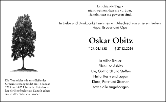 Traueranzeige von Oskar Obitz von Hinterländer Anzeiger