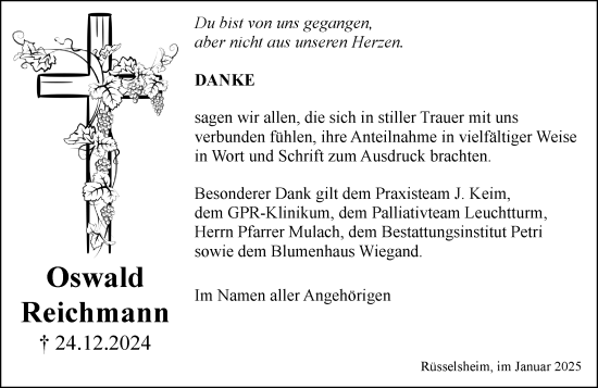 Traueranzeige von Oswald Reichmann von Rüsselsheimer Echo