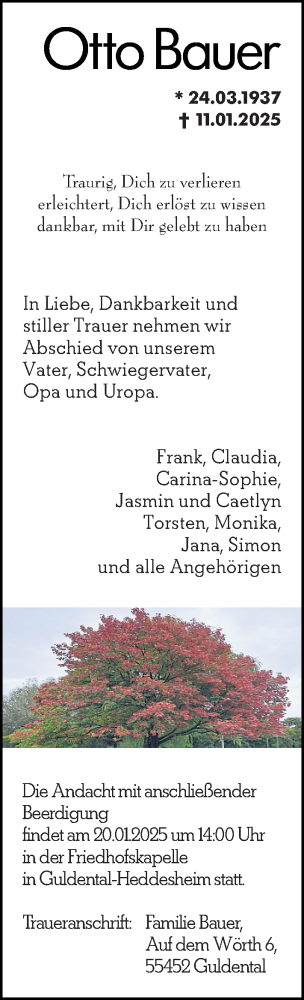 Traueranzeige von Otto Bauer von Allgemeine Zeitung Rheinhessen-Nahe