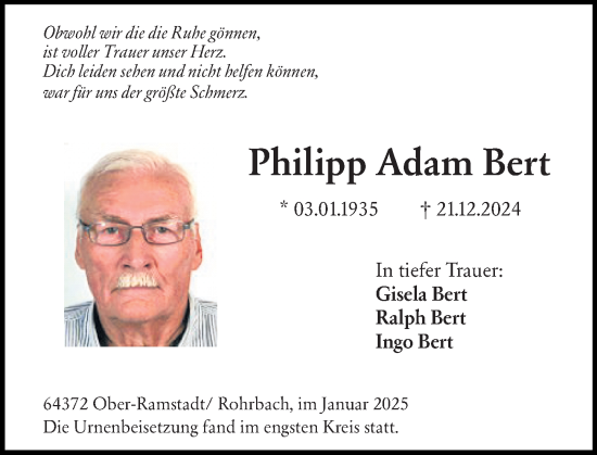 Traueranzeige von Philipp Adam Bert von Darmstädter Echo