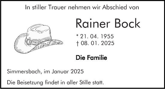 Traueranzeige von Rainer Bock von Dill Block