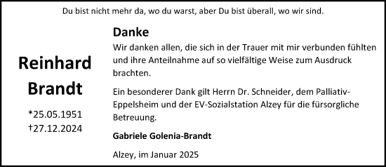 Traueranzeige von Reinhard Brandt von Allgemeine Zeitung Alzey
