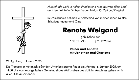Traueranzeige von Renate Weigand von Hinterländer Anzeiger
