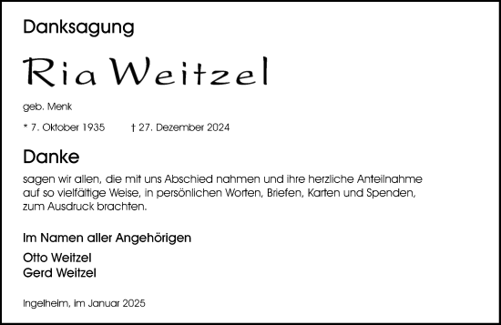 Traueranzeige von Ria Weitzel von Allgemeine Zeitung Rheinhessen-Nahe