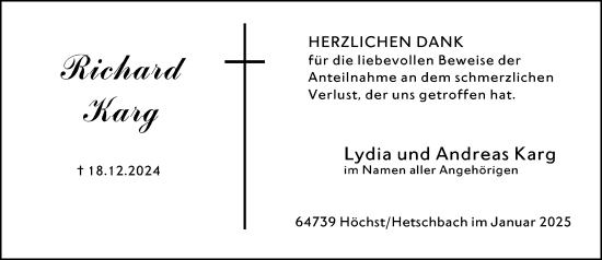 Traueranzeige von Richard Karg von Odenwälder Echo