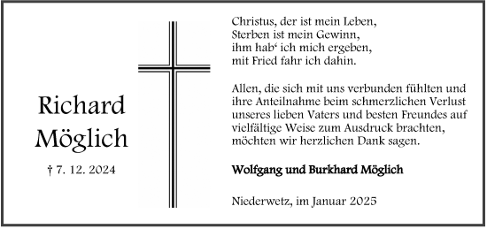 Traueranzeige von Richhard Möglich von Wetzlarer Neue Zeitung