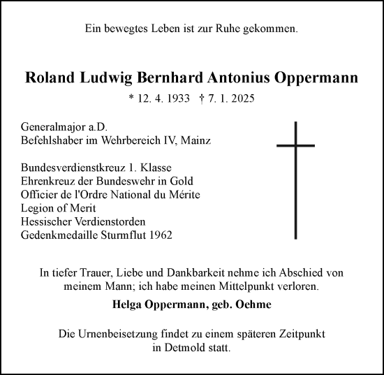 Traueranzeige von Roland Ludwig Bernhard Antonius Oppermann von Allgemeine Zeitung Mainz