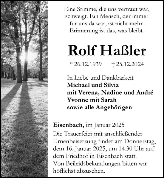 Traueranzeige von Rolf Haßler von Camberger Anzeiger