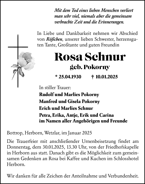 Traueranzeige von Rosa Schnur von Dill Block