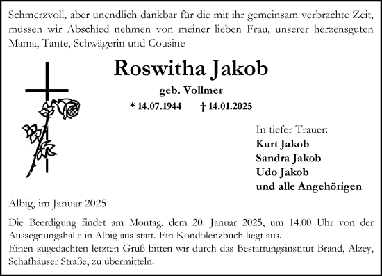 Traueranzeige von Roswitha Jakob von Allgemeine Zeitung Alzey