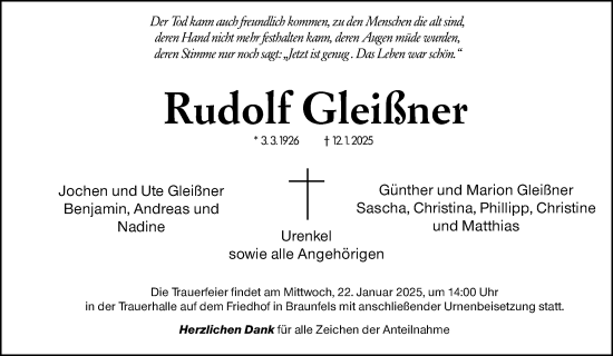 Traueranzeige von Rudolf Gleißner von Wetzlarer Neue Zeitung