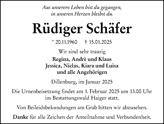 Traueranzeige von Rüdiger Schäfer von Dill Block