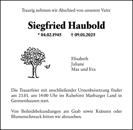 Traueranzeige von Siegfried Haubold von Hinterländer Anzeiger