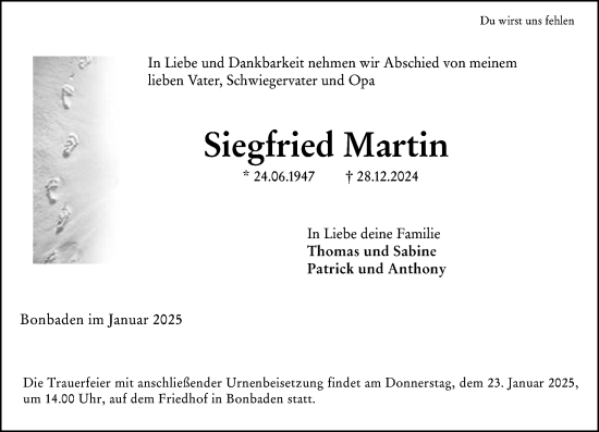 Traueranzeige von Siegfried Martin von Wetzlarer Neue Zeitung