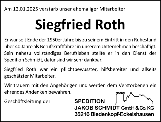 Traueranzeige von Siegfried Roth von Hinterländer Anzeiger