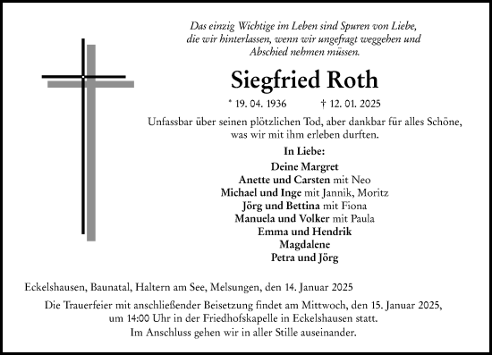 Traueranzeige von Siegfried Roth von Hinterländer Anzeiger