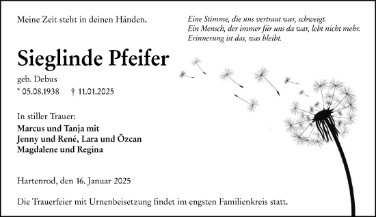 Traueranzeige von Sieglinde Pfeifer von Hinterländer Anzeiger