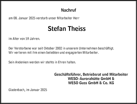 Traueranzeige von Stefan Theiss von Hinterländer Anzeiger