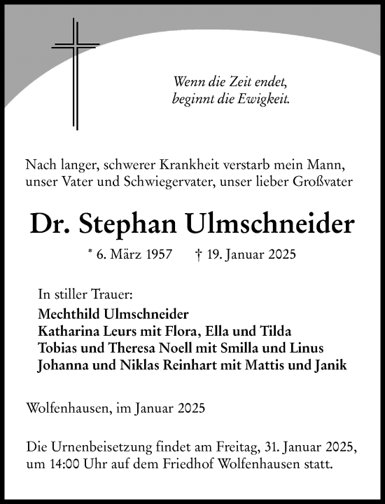 Traueranzeige von Stephan Ulmschneider von Weilburger Tageblatt