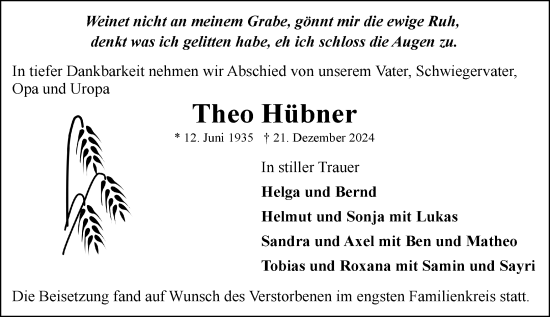 Traueranzeige von Theo Hübner von Rüsselsheimer Echo